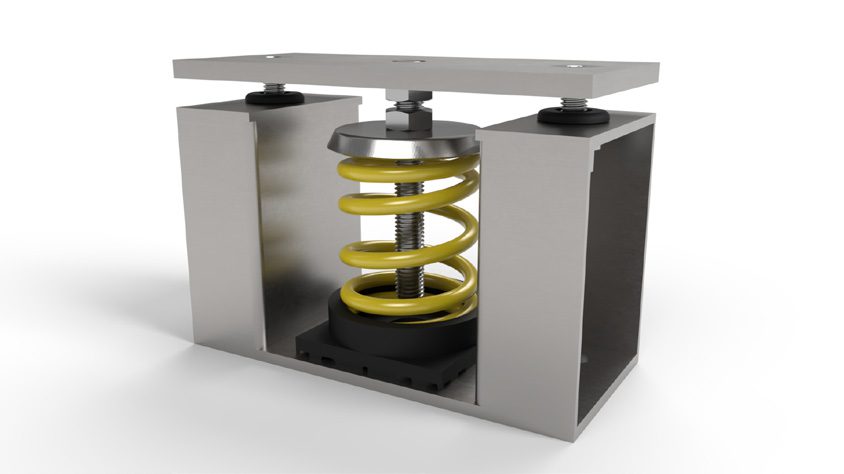 Steel vibration isolator with a yellow coil spring inside a metal frame.