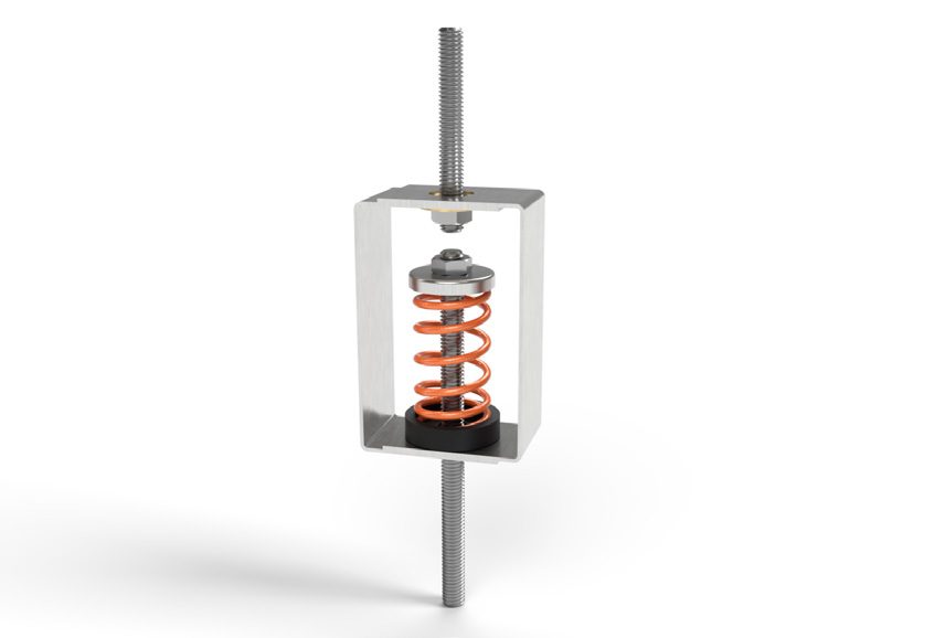 Metal spring assembly with orange coil inside a rectangular frame.