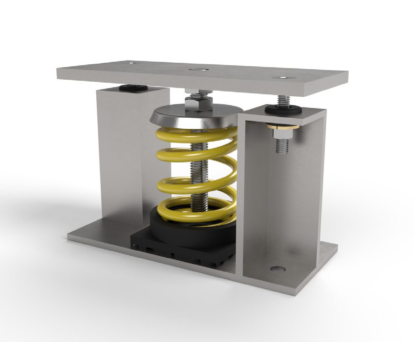 Metal vibration isolator with yellow spring and mounting base.