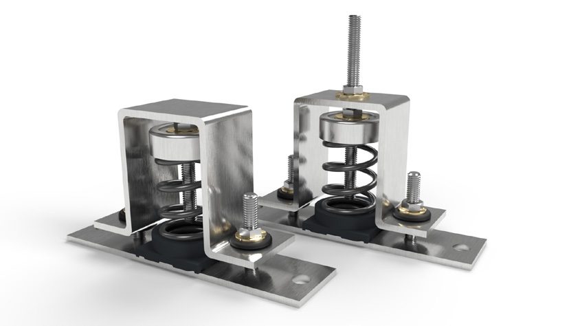 Two metal vibration isolators with springs and bolts on a white background.