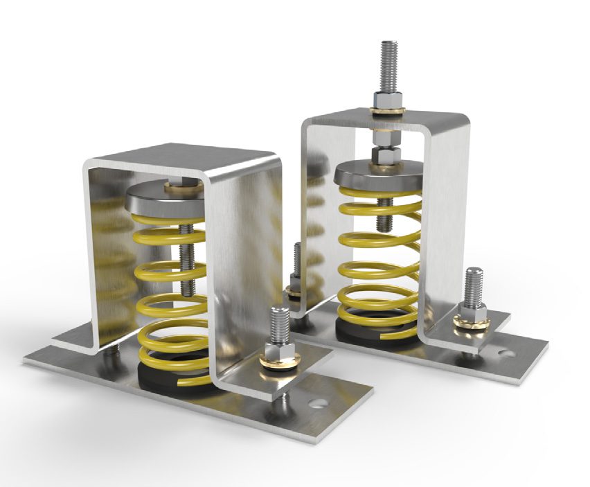 Two metal spring vibration isolators with yellow springs and mounting bolts.