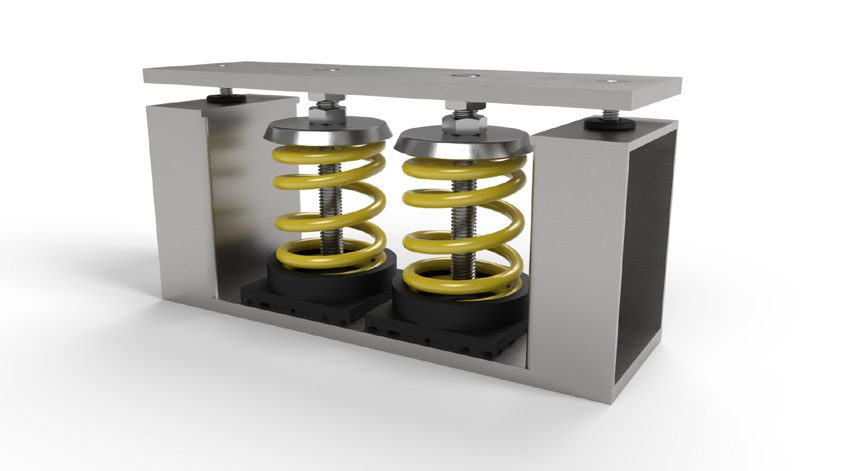 Mechanical spring suspension system with two yellow coil springs.