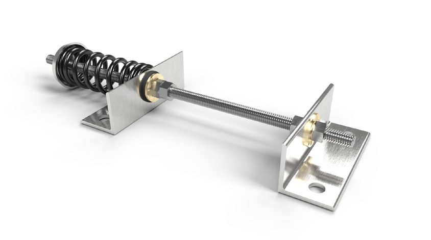 Metal spring assembly with threaded rod and mounting brackets.