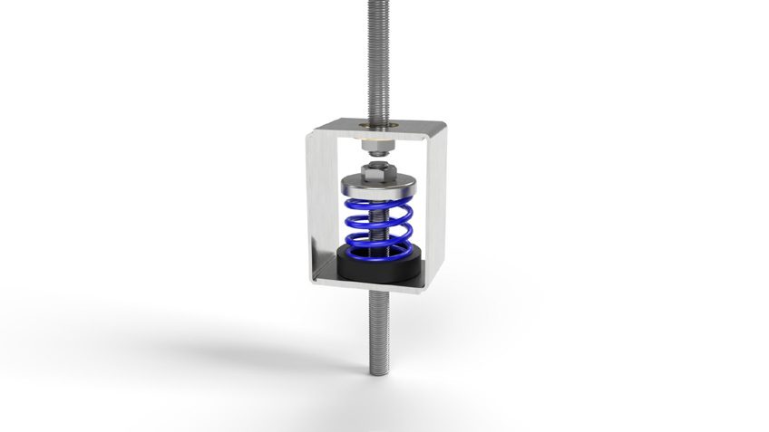 Metal spring mechanism inside a rectangular frame with threaded rods.