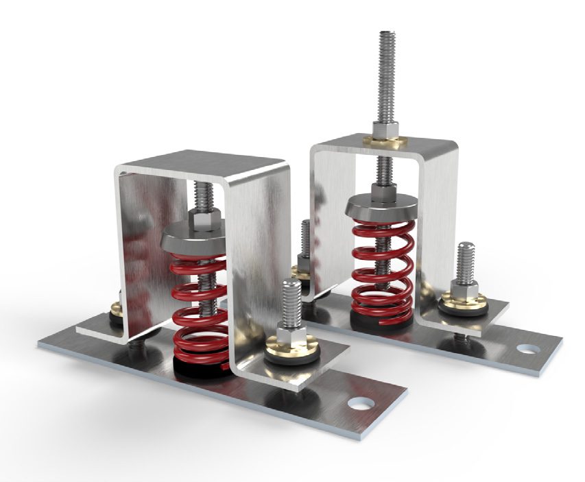 Two metal spring vibration isolators with red springs and bolts on a reflective surface.