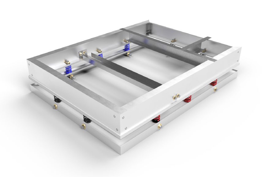 Metal frame structure with colored springs for vibration isolation.