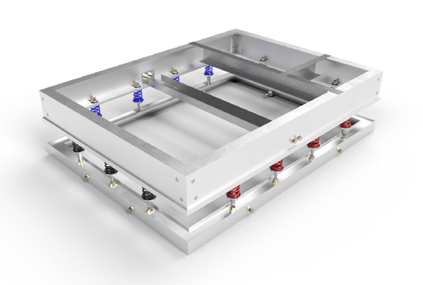 Metal frame structure with colored springs for shock absorption.
