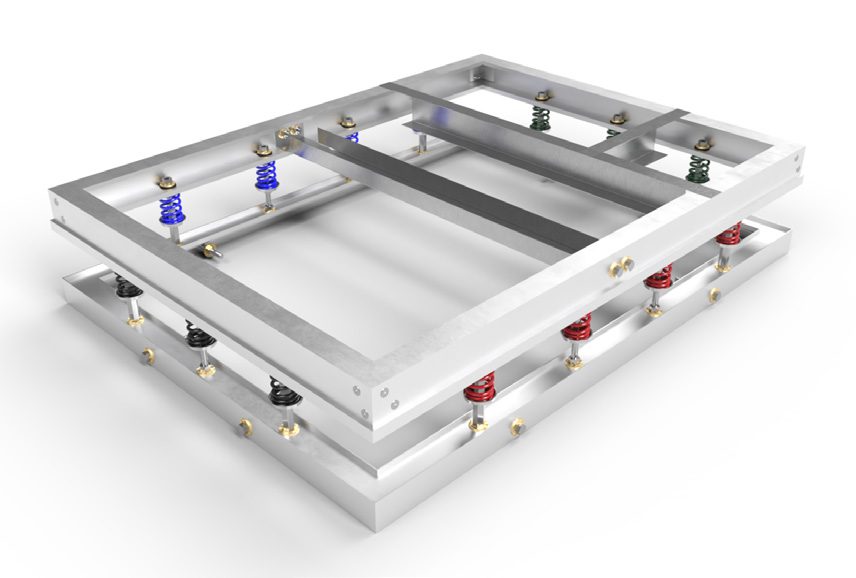 Metal frame with colored springs arranged between two layers.
