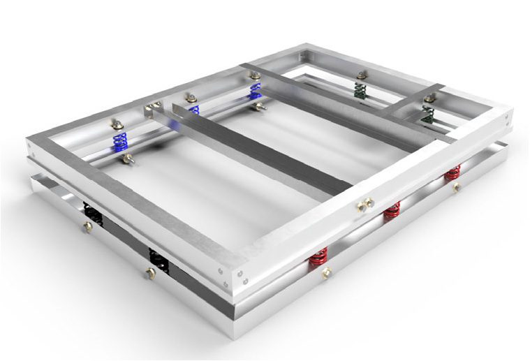 Metal frame structure with colored springs attached.