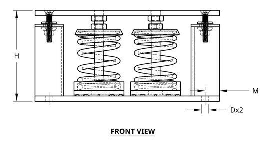 Technical front view drawing of a mechanical spring system.