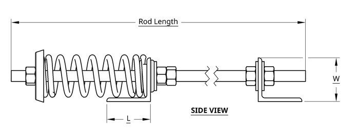 Technical side view drawing of a rod with a coiled spring and length marked.