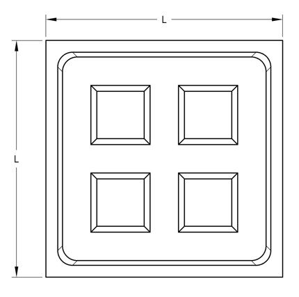 Technical drawing of a square panel with four recessed rectangular sections.
