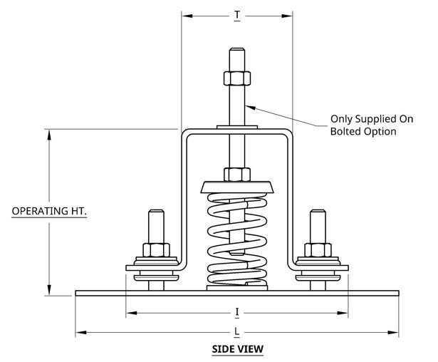 Technical drawing of a spring-mounted vibration isolator with dimensions.