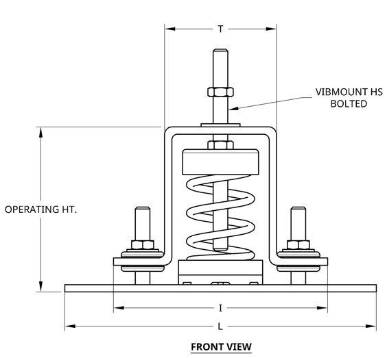Technical drawing of a vibration isolator bolt with springs and mounting base.