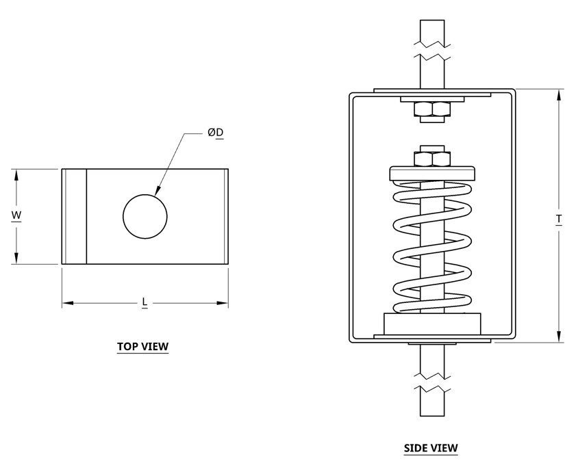 Technical drawing of a spring-loaded mechanical assembly with front and side views.