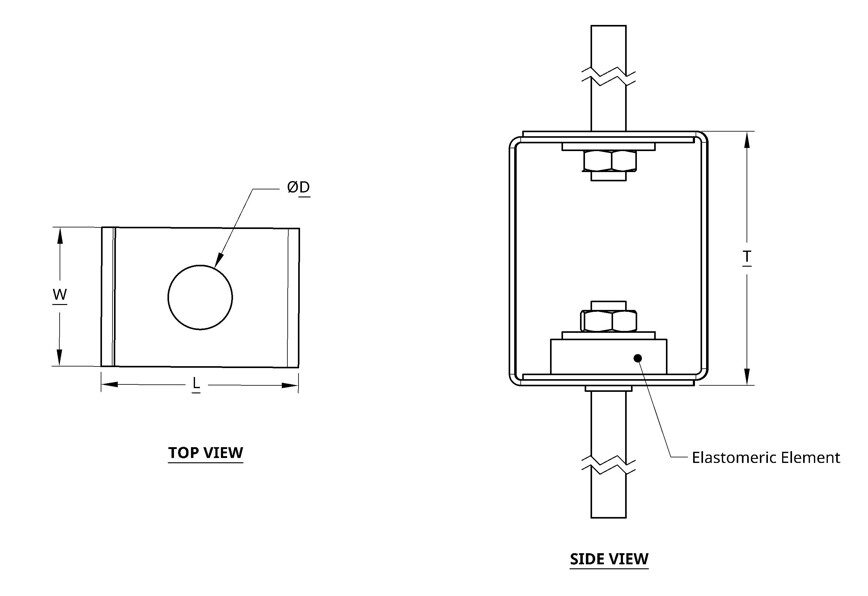 Technical drawing of a mechanical assembly with top and side views.