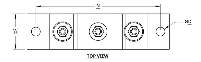 Top view technical drawing of a mechanical component with three circular features.