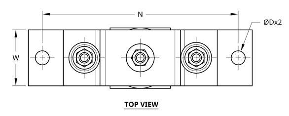 Top view technical drawing of a mechanical component with three circular elements.