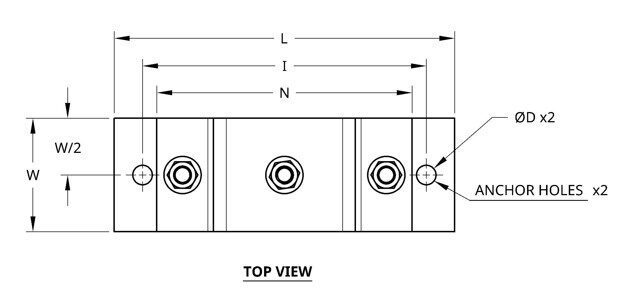 Top view technical drawing showing dimensions and three circular features.
