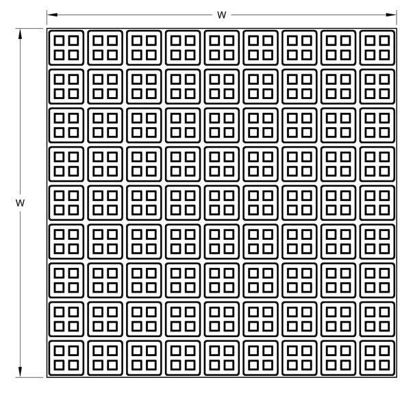 A grid of identical square patterns with four smaller squares inside each.