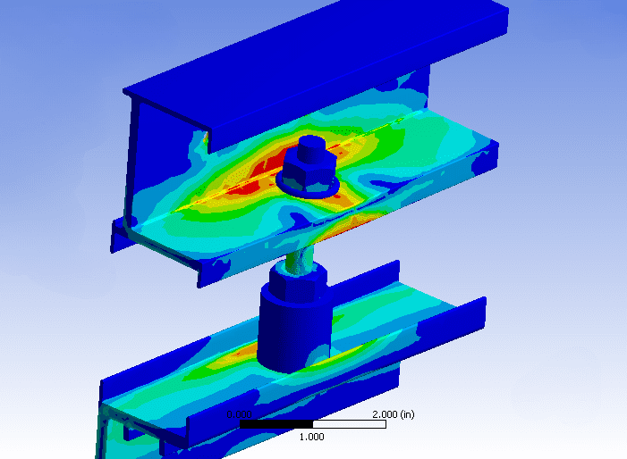 Colorful stress distribution visualization on a mechanical clamp component.