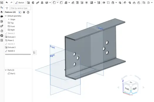 3D CAD model of a metal bracket with drilled holes and dimensional annotations.