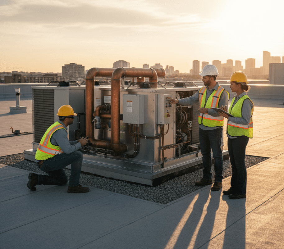 Three workers inspect rooftop HVAC equipment during sunset.